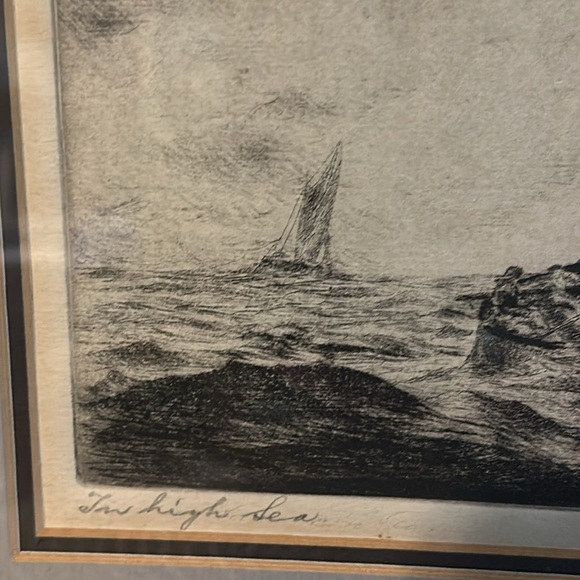 Vintage Framed Nautical Etching Entitled “The High Sea” Signed by Artist - Picture 3 of 5
